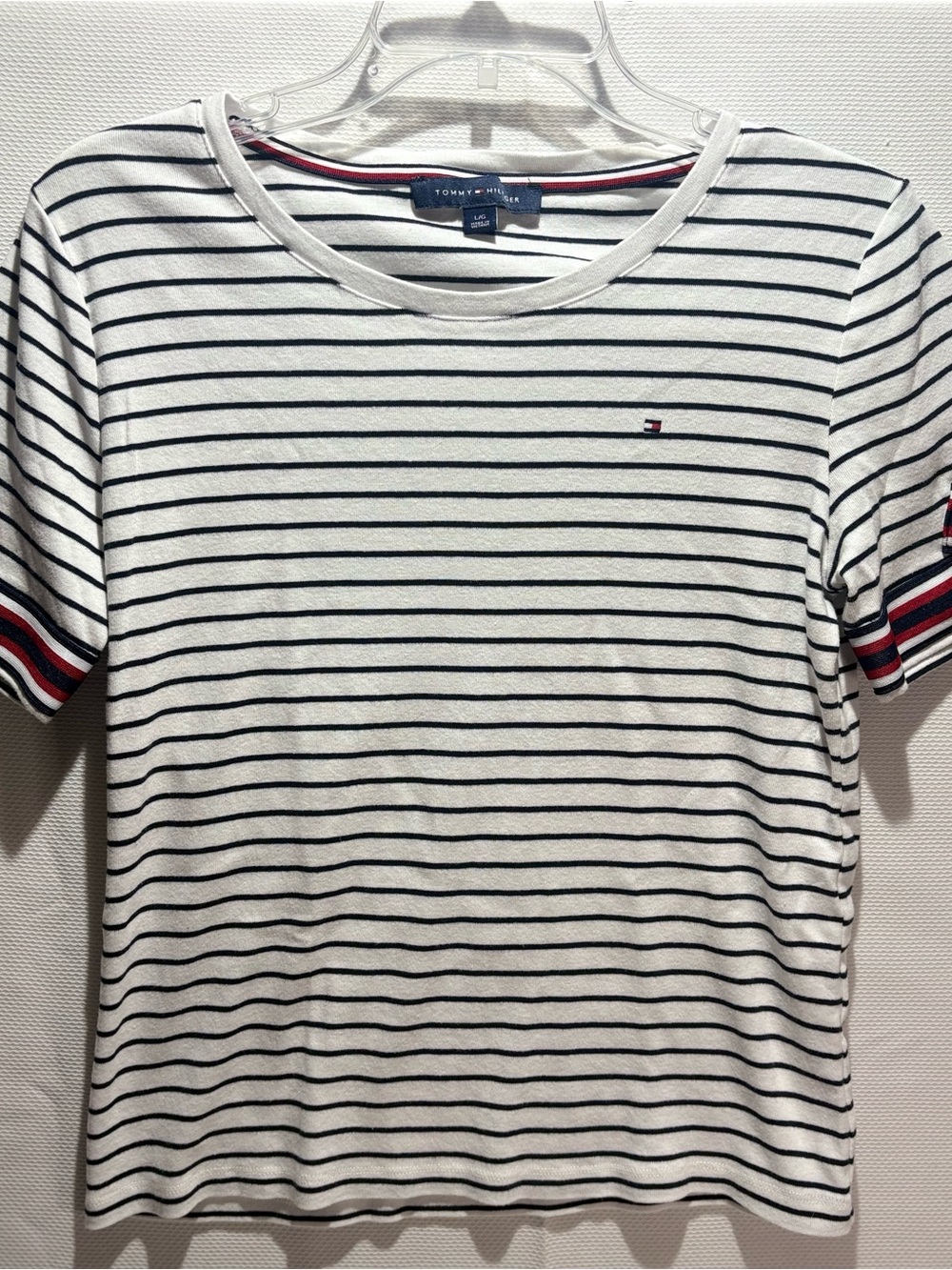 Tommy Hilfiger White Tee with Navy Stripes and Red Accent